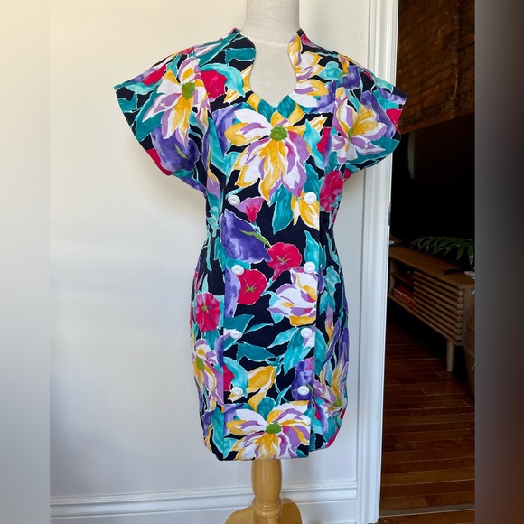 Vintage Floral Linen Cotton Summer Dress - Picture 5 of 6